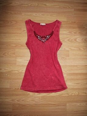 Red Embellished Scoop Neck Tank Top - Women